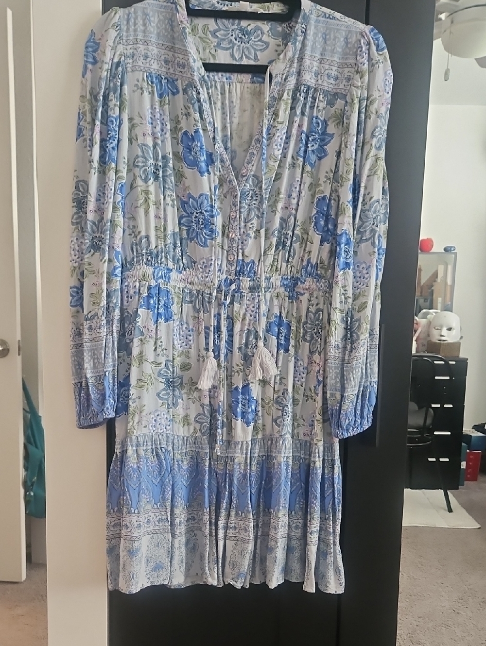 Lucky Brand Light Blue Floral Long-Sleeve Tiered Dress
